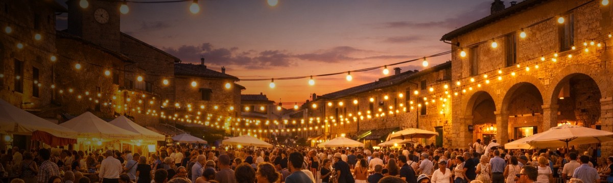 Veranstaltungen in der Toskana – Dorffest auf historischer Piazza mit Lichterketten und Besuchern am Abend